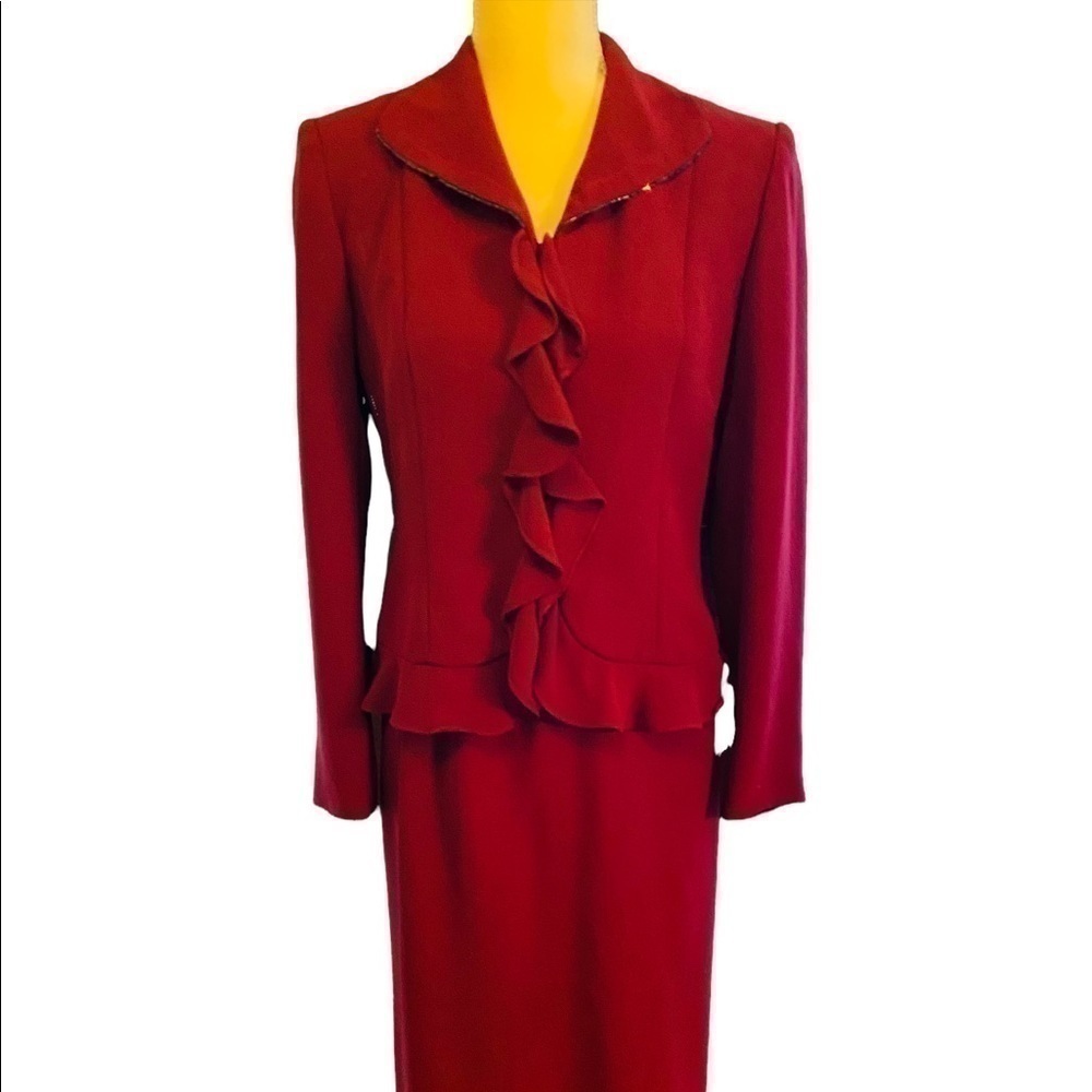 Bigio Garnet Red two piece Maxi suit. Skirt and Jacket. Size 6. Neiman Marcus.